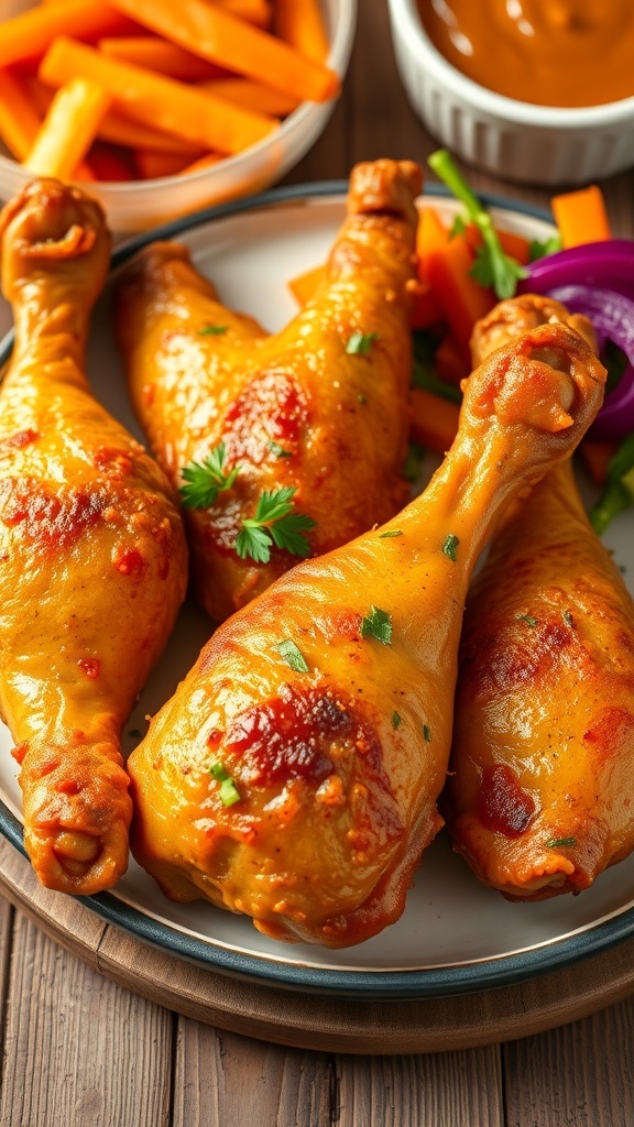 Crispy Air Fryer Chicken Legs Recipe Crispy air fryer chicken legs served on a plate with herbs and dipping sauce.